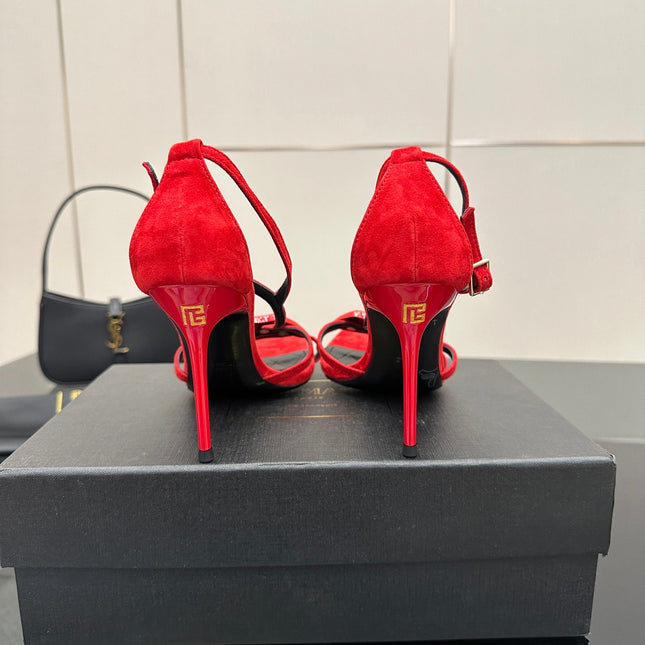 BALMAIN 25S LIPS SANDALS 10 IN CRIMSON RED SUEDE