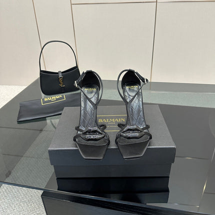 BALMAIN 25S LIPS SANDALS 10 IN BLACK SATIN