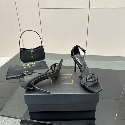 BALMAIN 25S LIPS SANDALS 10 IN BLACK SATIN