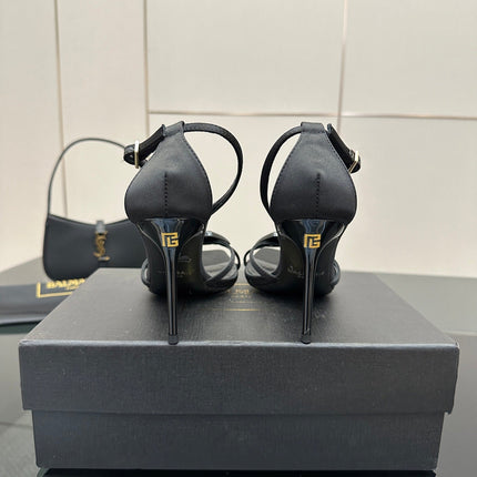 BALMAIN 25S LIPS SANDALS 10 IN BLACK SATIN