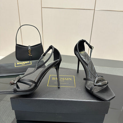 BALMAIN 25S LIPS SANDALS 10 IN BLACK SATIN