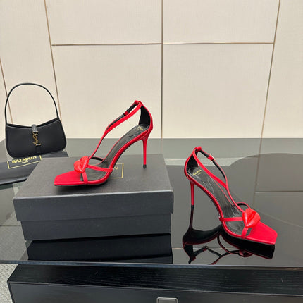 BALMAIN 25S LIPS SANDALS 10 IN CRIMSON RED SATIN