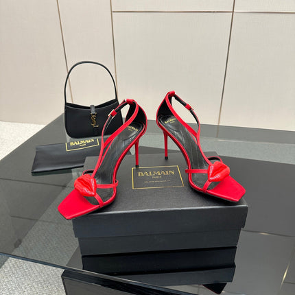 BALMAIN 25S LIPS SANDALS 10 IN CRIMSON RED SATIN