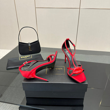 BALMAIN 25S LIPS SANDALS 10 IN CRIMSON RED SATIN
