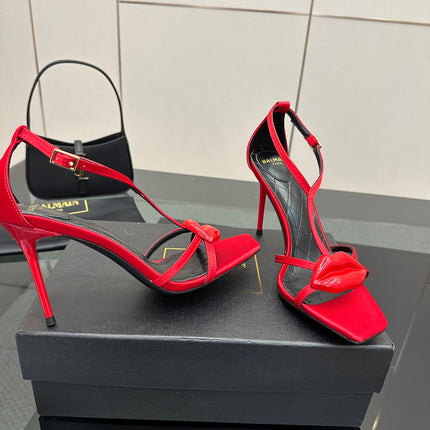 BALMAIN 25S LIPS SANDALS 10 IN CRIMSON RED SATIN