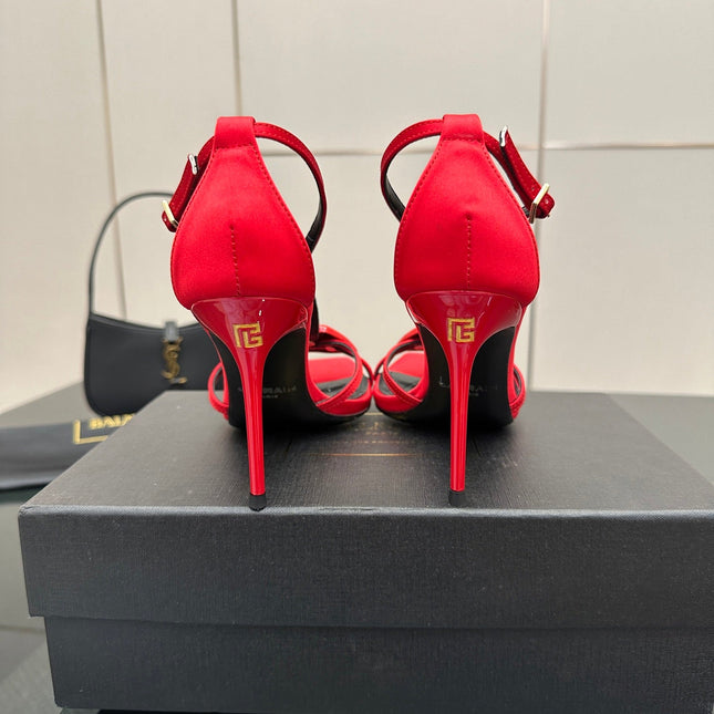 BALMAIN 25S LIPS SANDALS 10 IN CRIMSON RED SATIN