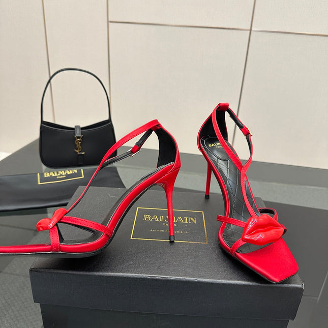 BALMAIN 25S LIPS SANDALS 10 IN CRIMSON RED SATIN
