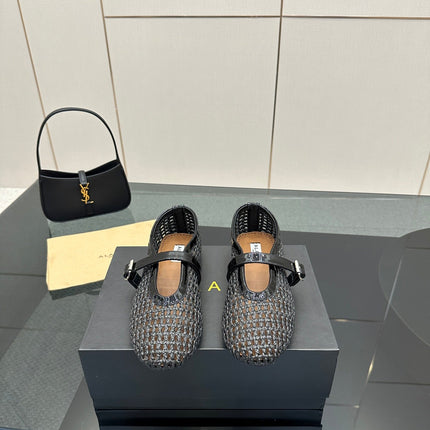 ALAIA MARY JANE FLAT 25S IN CHARCOAL GREY WOVEN MESH