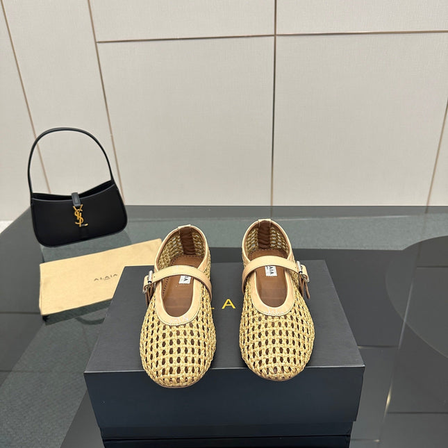 ALAIA MARY JANE FLAT 25S IN BEIGE WOVEN MESH
