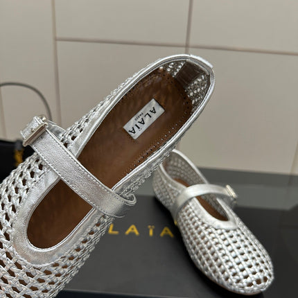 ALAIA MARY JANE FLAT 25S IN SILVER WOVEN MESH