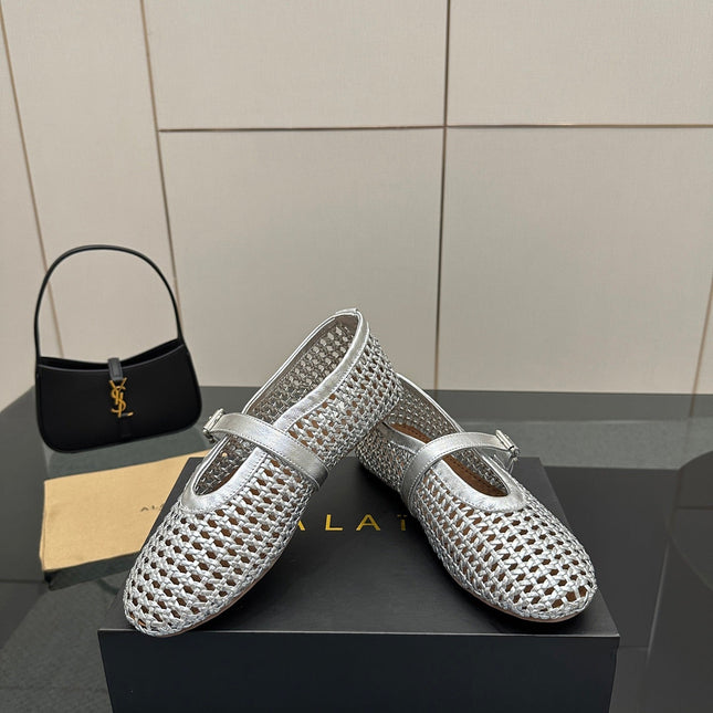 ALAIA MARY JANE FLAT 25S IN SILVER WOVEN MESH
