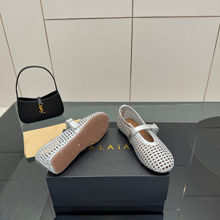 ALAIA MARY JANE FLAT 25S IN SILVER WOVEN MESH