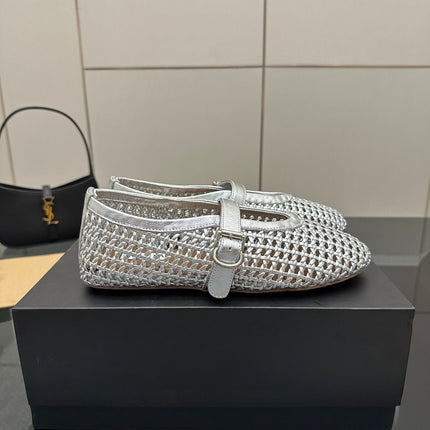 ALAIA MARY JANE FLAT 25S IN SILVER WOVEN MESH