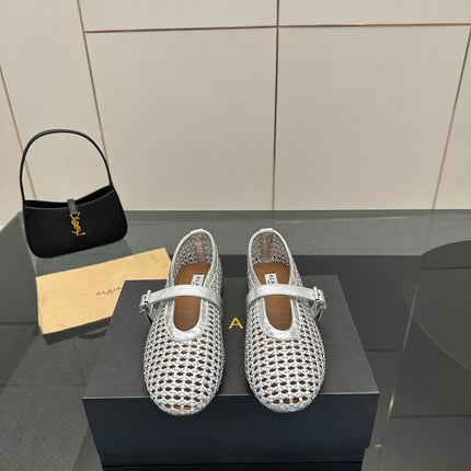 ALAIA MARY JANE FLAT 25S IN SILVER WOVEN MESH