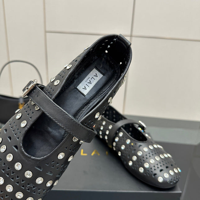 ALAIA BALLET SHOES 25S IN BLACK LAMBSKIN WITH CRYSTAL DETAILING