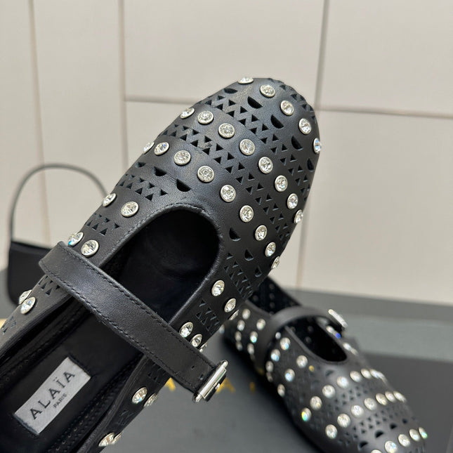 ALAIA BALLET SHOES 25S IN BLACK LAMBSKIN WITH CRYSTAL DETAILING