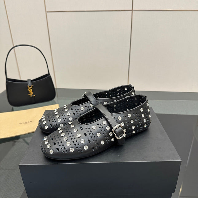 ALAIA BALLET SHOES 25S IN BLACK LAMBSKIN WITH CRYSTAL DETAILING