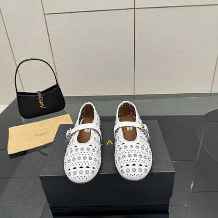 ALAIA BALLET SHOES 25S IN WHITE LAMBSKIN WITH CRYSTAL DETAILING