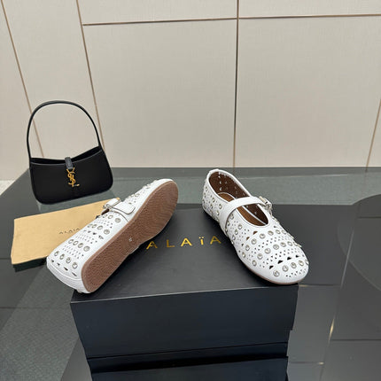 ALAIA BALLET SHOES 25S IN WHITE LAMBSKIN WITH CRYSTAL DETAILING