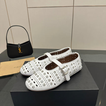 ALAIA BALLET SHOES 25S IN WHITE LAMBSKIN WITH CRYSTAL DETAILING