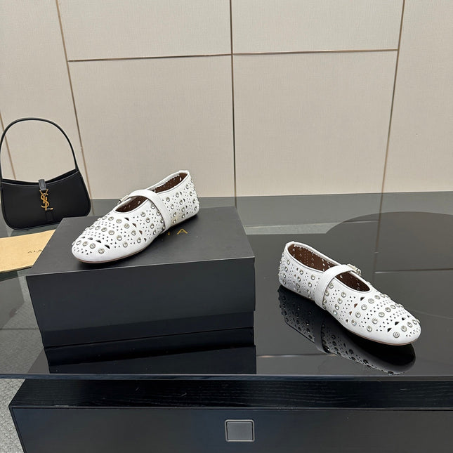 ALAIA BALLET SHOES 25S IN WHITE LAMBSKIN WITH CRYSTAL DETAILING