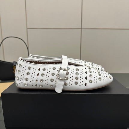 ALAIA BALLET SHOES 25S IN WHITE LAMBSKIN WITH CRYSTAL DETAILING