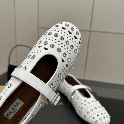 ALAIA BALLET SHOES 25S IN WHITE LAMBSKIN WITH CRYSTAL DETAILING