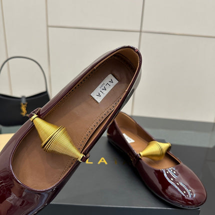 ALAIA BALLET SHOES 25S IN DARK RED PATENT LEATHER WITH GOLD HARDWARE