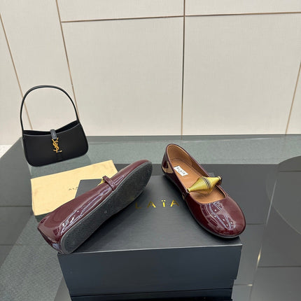 ALAIA BALLET SHOES 25S IN DARK RED PATENT LEATHER WITH GOLD HARDWARE