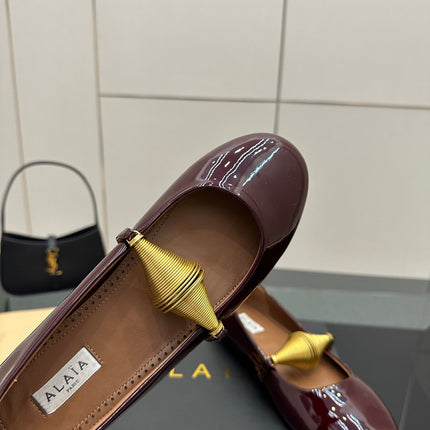 ALAIA BALLET SHOES 25S IN DARK RED PATENT LEATHER WITH GOLD HARDWARE