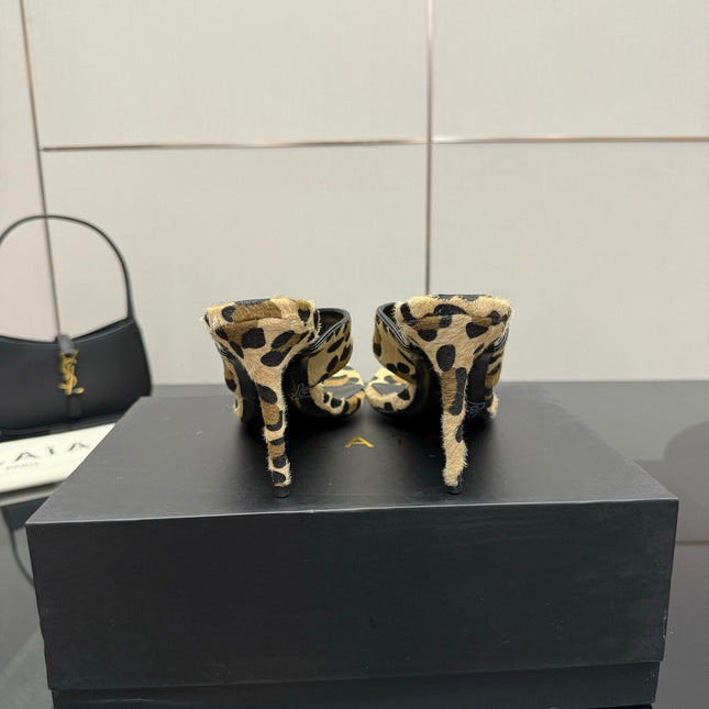 ALAIA HEELED THONG 25S IN LEOPARD PONY HAIR LEATHER