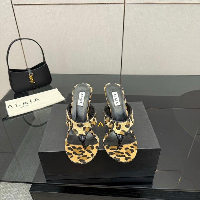 ALAIA HEELED THONG 25S IN LEOPARD PONY HAIR LEATHER