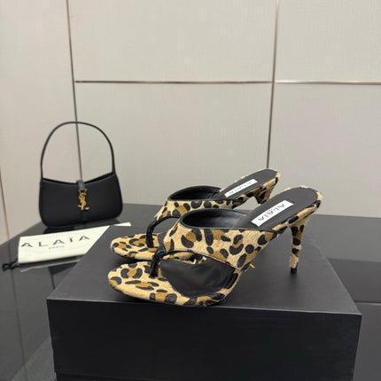 ALAIA HEELED THONG 25S IN LEOPARD PONY HAIR LEATHER