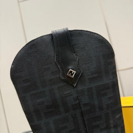 FENDI 25SKNEE-HIGH BOOTS 50 MM IN BLACK CALFSKIN AND FABRIC PRINT LOGO