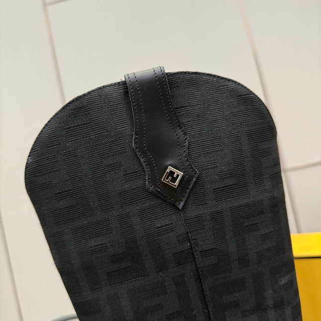 FENDI 25SKNEE-HIGH BOOTS 50 MM IN BLACK CALFSKIN AND FABRIC PRINT LOGO