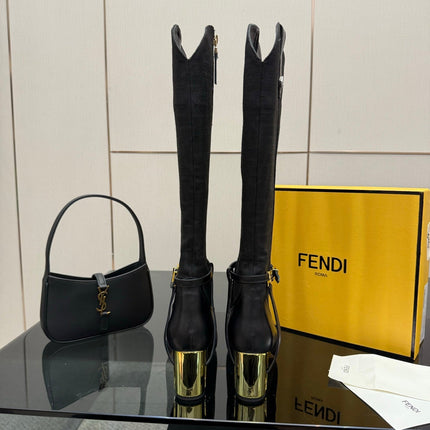 FENDI 25SKNEE-HIGH BOOTS 50 MM IN BLACK CALFSKIN AND FABRIC PRINT LOGO