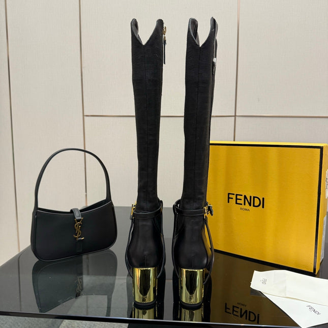 FENDI 25SKNEE-HIGH BOOTS 50 MM IN BLACK CALFSKIN AND FABRIC PRINT LOGO