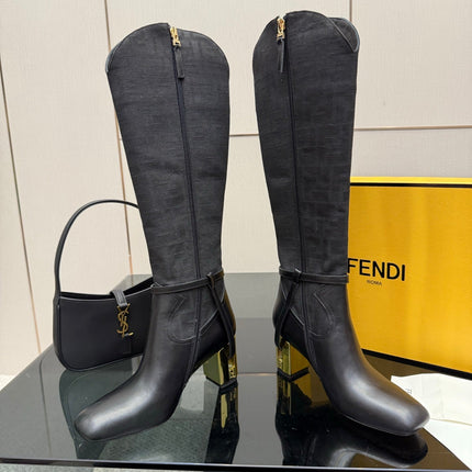 FENDI 25SKNEE-HIGH BOOTS 50 MM IN BLACK CALFSKIN AND FABRIC PRINT LOGO