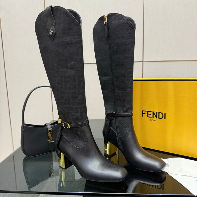 FENDI 25SKNEE-HIGH BOOTS 50 MM IN BLACK CALFSKIN AND FABRIC PRINT LOGO