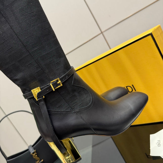 FENDI 25SKNEE-HIGH BOOTS 50 MM IN BLACK CALFSKIN AND FABRIC PRINT LOGO