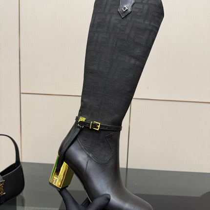 FENDI 25SKNEE-HIGH BOOTS 50 MM IN BLACK CALFSKIN AND FABRIC PRINT LOGO