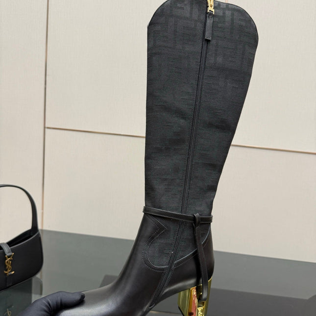 FENDI 25SKNEE-HIGH BOOTS 50 MM IN BLACK CALFSKIN AND FABRIC PRINT LOGO