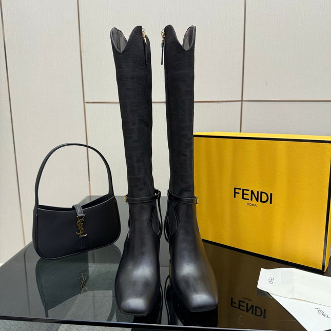 FENDI 25SKNEE-HIGH BOOTS 50 MM IN BLACK CALFSKIN AND FABRIC PRINT LOGO