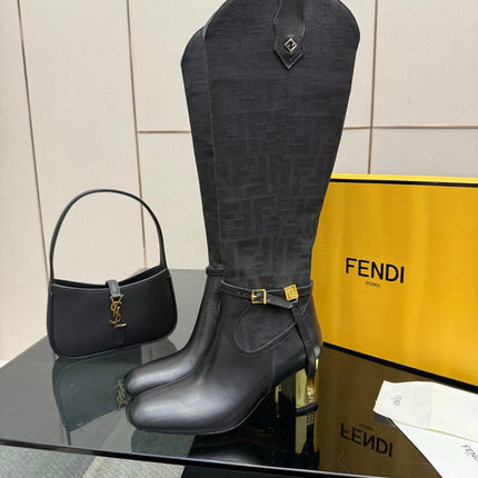 FENDI 25SKNEE-HIGH BOOTS 50 MM IN BLACK CALFSKIN AND FABRIC PRINT LOGO