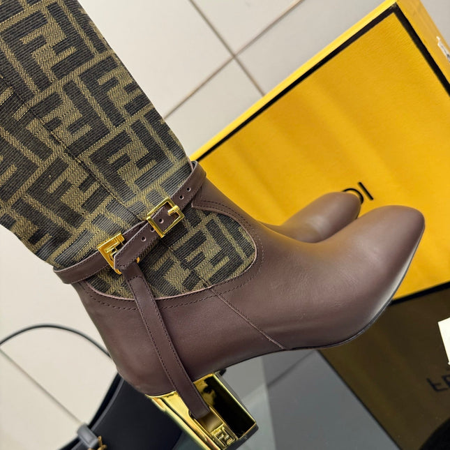 FENDI 25SKNEE-HIGH BOOTS 50 MM IN DARK BROWN CALFSKIN AND FABRIC PRINT LOGO