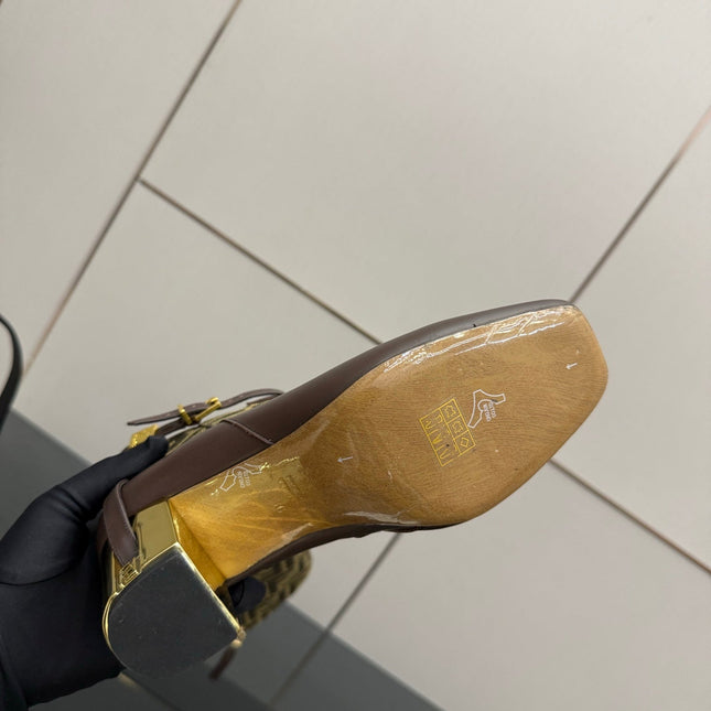 FENDI 25SKNEE-HIGH BOOTS 50 MM IN DARK BROWN CALFSKIN AND FABRIC PRINT LOGO