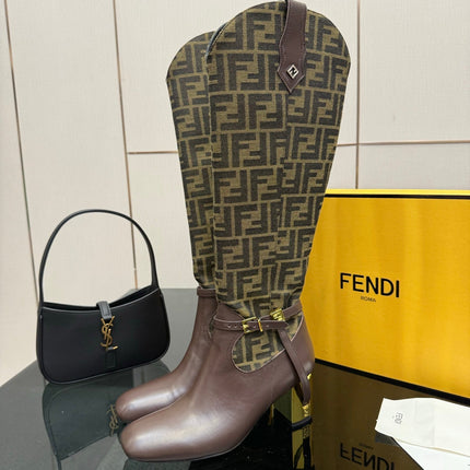 FENDI 25SKNEE-HIGH BOOTS 50 MM IN DARK BROWN CALFSKIN AND FABRIC PRINT LOGO