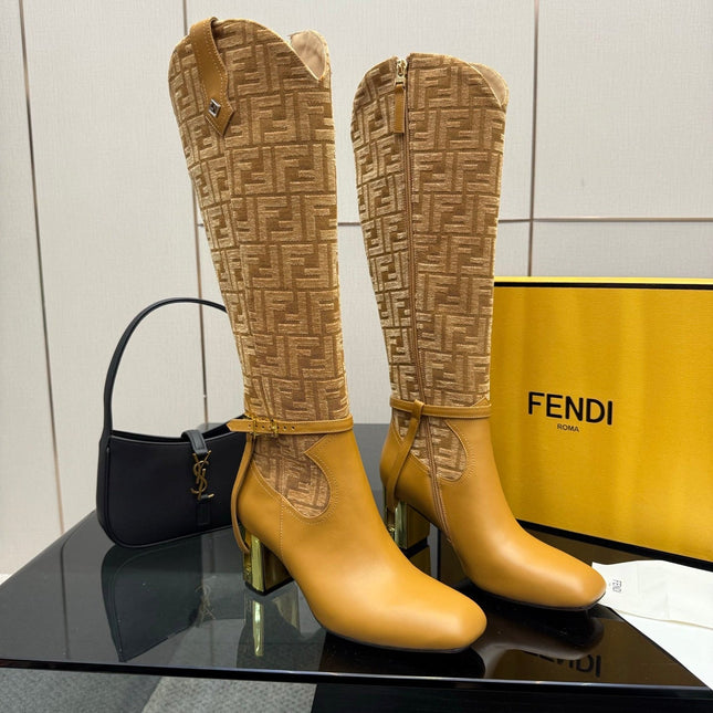 FENDI 25SKNEE-HIGH BOOTS 50 MM IN GOLDEN BROWN CALFSKIN AND FABRIC PRINT LOGO