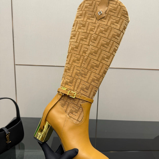 FENDI 25SKNEE-HIGH BOOTS 50 MM IN GOLDEN BROWN CALFSKIN AND FABRIC PRINT LOGO