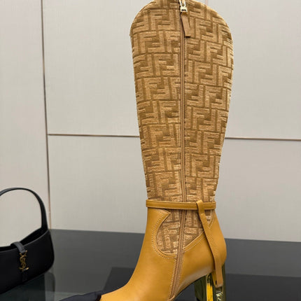 FENDI 25SKNEE-HIGH BOOTS 50 MM IN GOLDEN BROWN CALFSKIN AND FABRIC PRINT LOGO